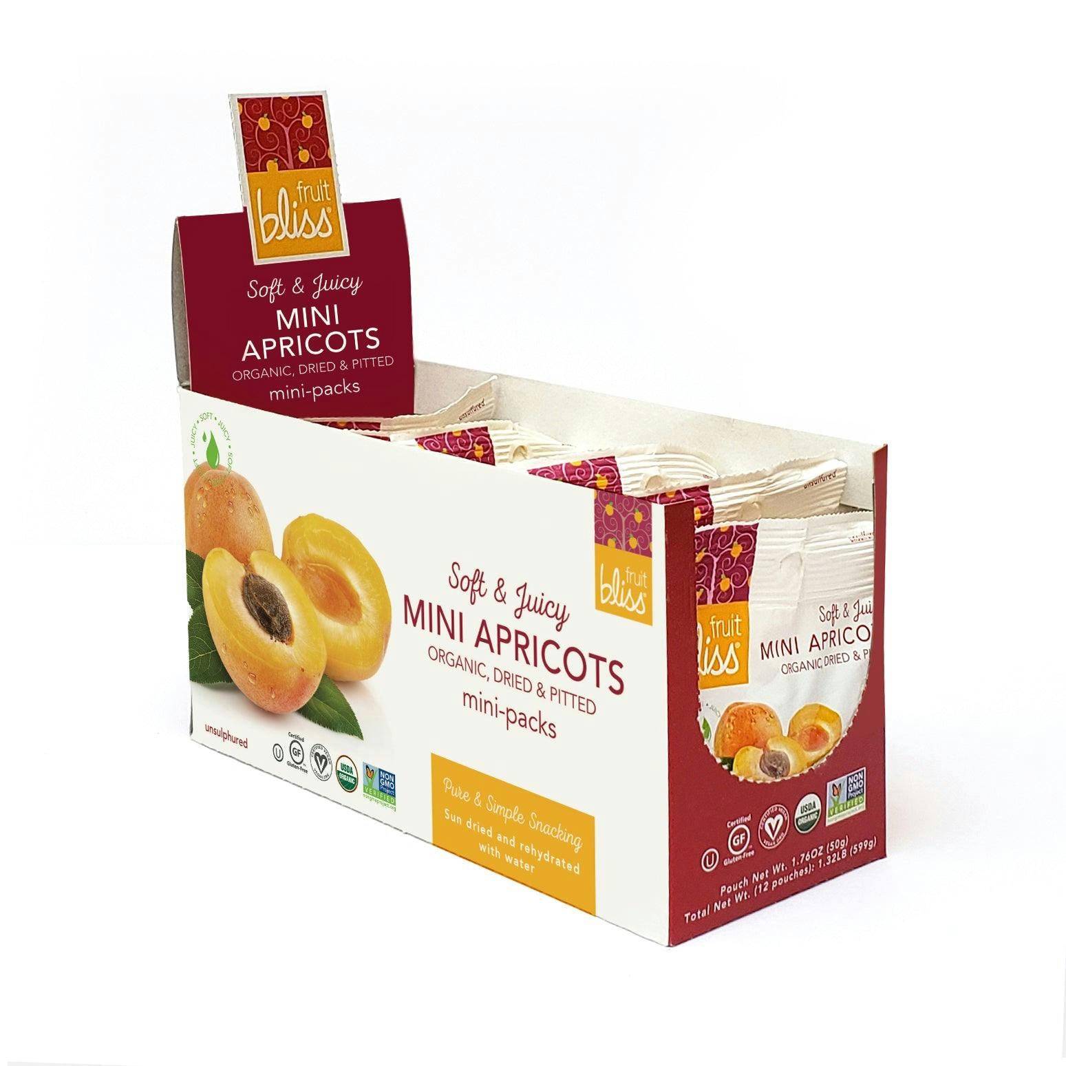 Fruit Bliss Organic Turkish Mini Apricot Snacks 1.76 oz. (Caddy of 12  Pouches)