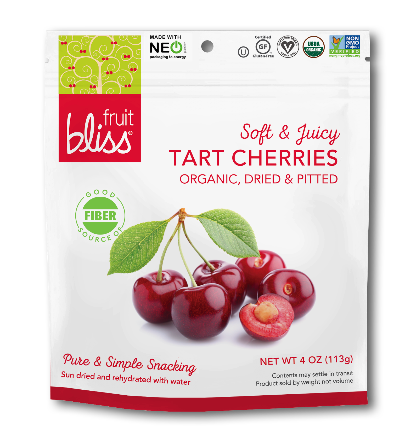 Fruit Bliss Organic Tart Cherries Snacks 4 oz. (Case of 6) - Fruitbliss-Tart-Cherries_render_front